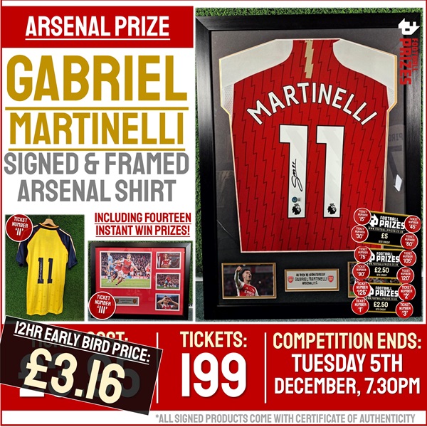 Arsenal Competition! Gabriel Martinelli signed & framed 2023/24 Arsenal Home Shirt! (Plus FOURTEEN Instant Win Prizes!)