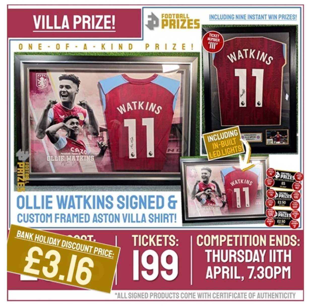 Aston Villa Competition! Ollie Watkins Signed & Custom LED Framed Aston Villa Shirt! (Plus THIRTEEN Instant Win Prizes!)