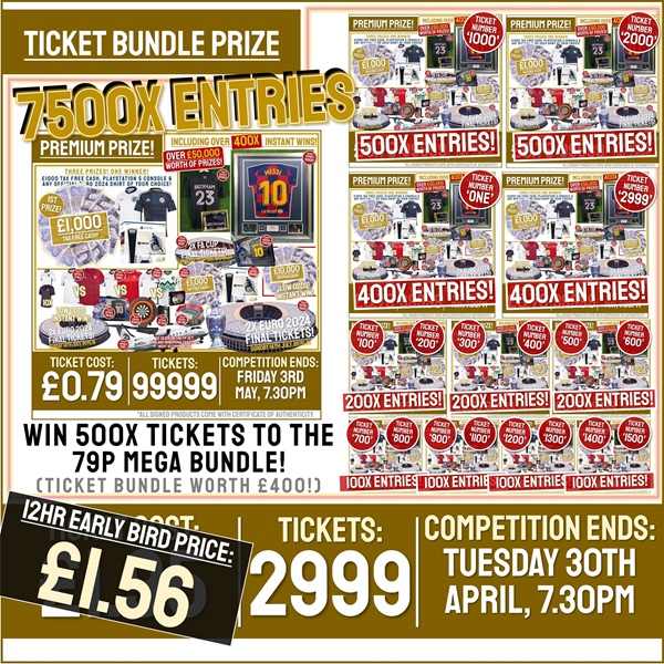 MEGA TICKET BUNDLE COMPETITION! 7,000 TICKETS INTO THE BIGGEST EVER 79P MEGA COMPETITION! (100x Instant Win Prizes!)