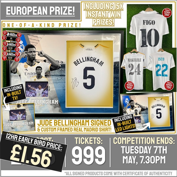 European Competition! Jude Bellingham signed & custom LED framed Real Madrid shirt with In-Built TV! (Plus 15x Instant Win Prizes!)