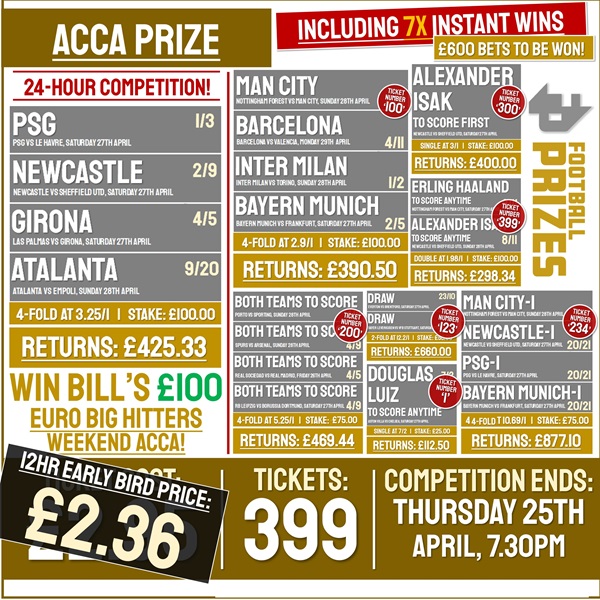 24-HOUR Bet Competition! Bill’s Mega Weekend Bets! Win up to £600 worth of Bets on this Weekend’s Football! (Plus SEVEN Instant Win Bets!)