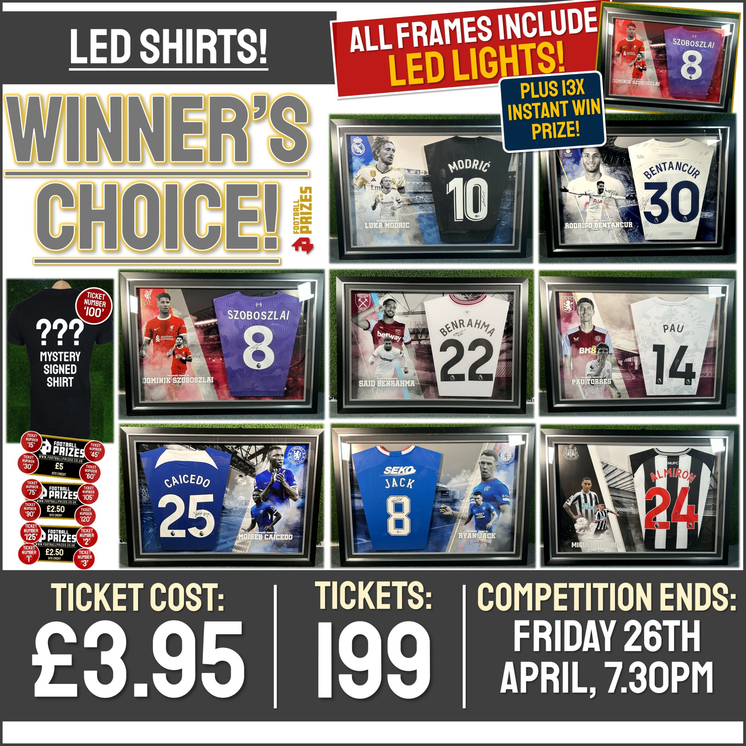 Winner’s Choice Competition! Win ANY of these EIGHT Signed & Custom Framed Shirts (with LED Lights) for just £3.95!