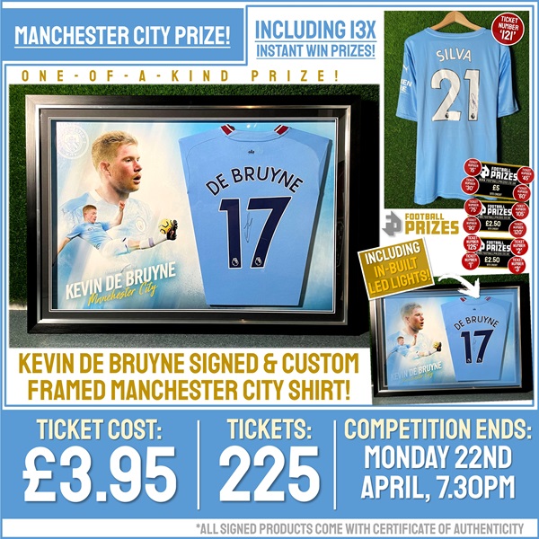 Man City Competition! Kevin De Bruyne signed & custom LED framed Man City Shirt! (Plus THIRTEEN Instant Win Prizes!)