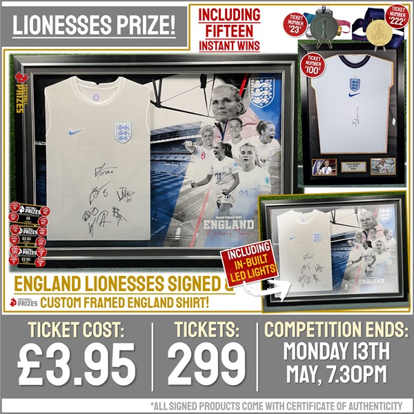 Lionesses Competition! Squad Signed & Custom LED Framed England Women’s Shirt! (Plus FIFTEEN Instant Win Prizes!)