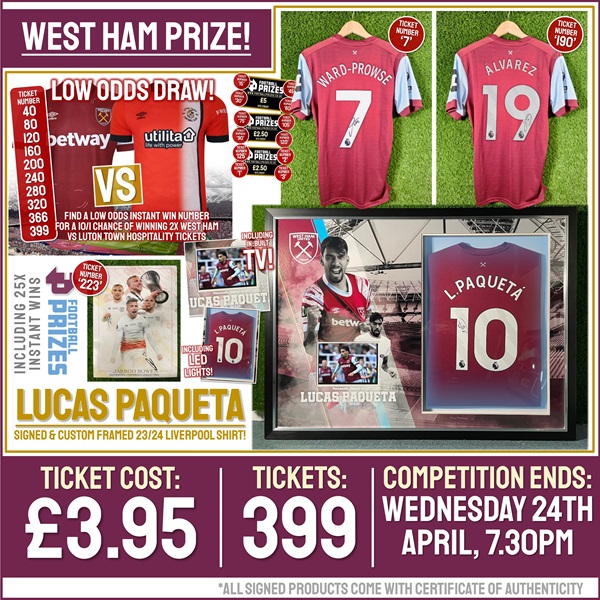BIGGEST EVER West Ham Competition! Lucas Paqueta signed & custom LED framed West Ham United Shirt with In-Built TV! (Plus 25x Instant Win Prizes!)