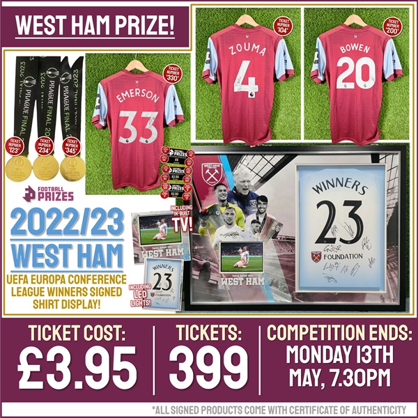 HUGE West Ham Competition! Squad signed & custom LED framed West Ham United Conference League Winners Shirt with In-Built TV! (Plus 18x Instant Win Prizes!)