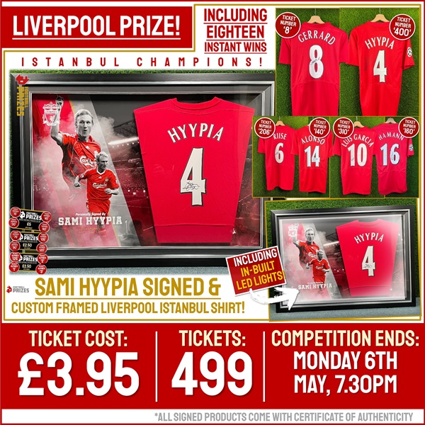 Liverpool Competition! Sami Hyypia signed & custom LED framed Liverpool Shirt! (Plus EIGHTEEN Instant Win Prizes!)