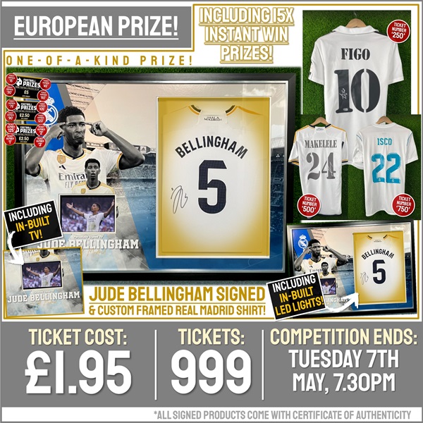 European Competition! Jude Bellingham signed & custom LED framed Real Madrid shirt with In-Built TV! (Plus 15x Instant Win Prizes!)