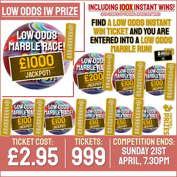 LOW ODDS Marble Run Draw! 10/1 Chance of Finding an Instant Win! £50 Star Prize Plus 100x Instant Wins! £2000 in prizes to be won!