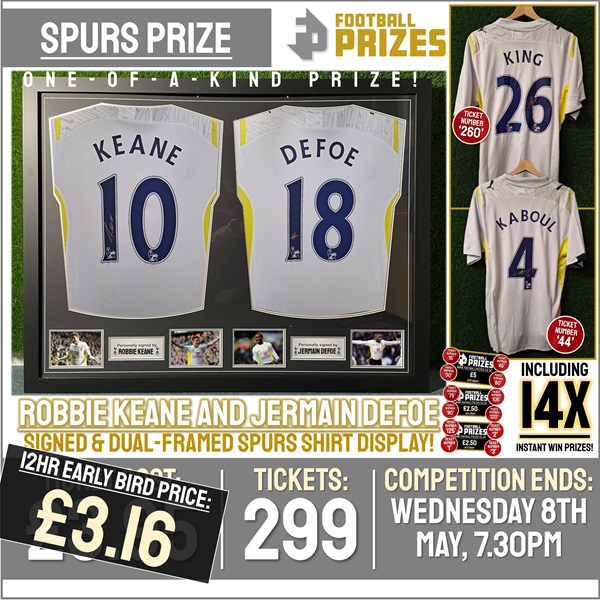 Spurs Competition! Robbie Keane & Jermain Defoe signed & custom dual framed Spurs Shirts! (Plus FOURTEEN Instant Win Prizes!)