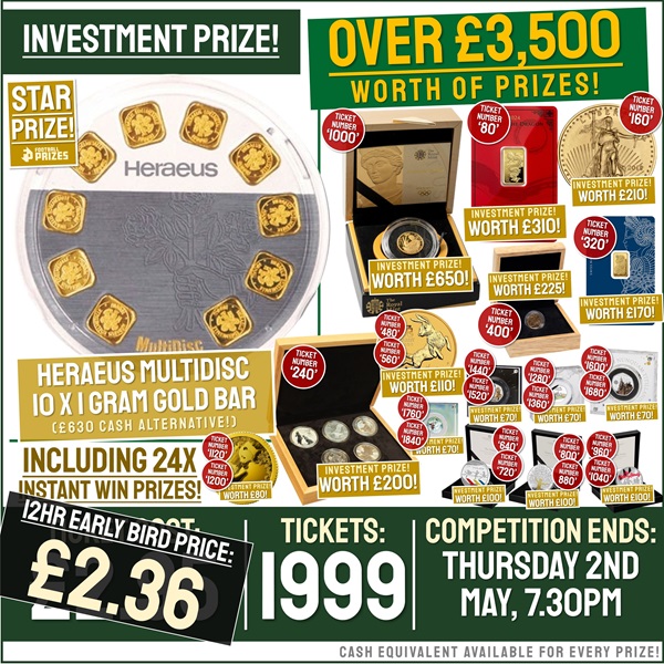 Investment Prize! Pure Gold! Heraeus Multidisc 10 x 1 Gram Gold Bar (£630 cash alternative!) Plus 21x Instant Win prizes!