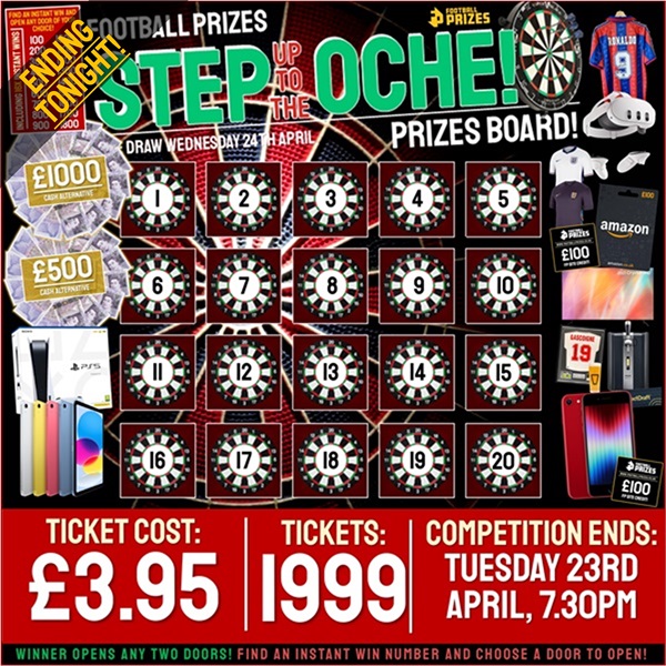 Step up to the Oche Prize Board! Over £5000 in Prizes to be won! (Including EIGHTEEN Instant Win Prizes!)