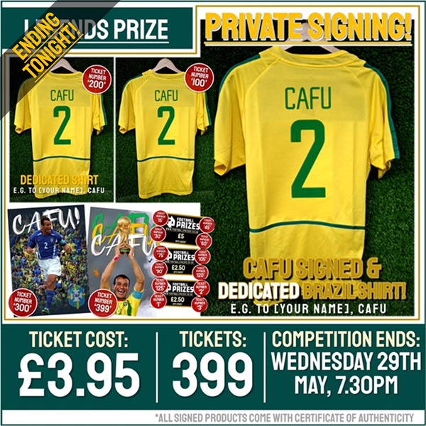 Private Signing! Legends Competition! Win a signed & dedicated Brazil shirt from Cafu! (Plus SIXTEEN Instant Win Prizes!)