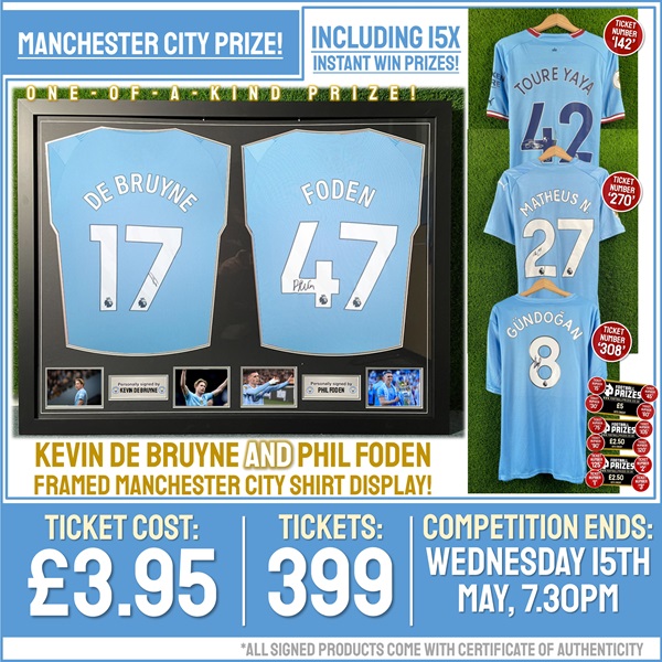 Man City Competition! Kevin De Bruyne & Phil Foden dual signed & framed Man City Shirt Display! (Plus FIFTEEN Instant Win Prizes!)