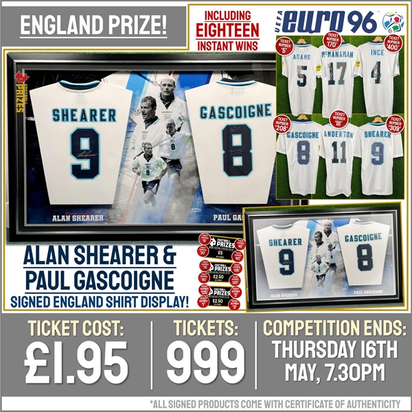 MEGA England Competition! Paul Gascoigne & Alan Shearer Dual signed & custom LED framed England Shirt Display! (Plus 18x Instant Win Prizes!)