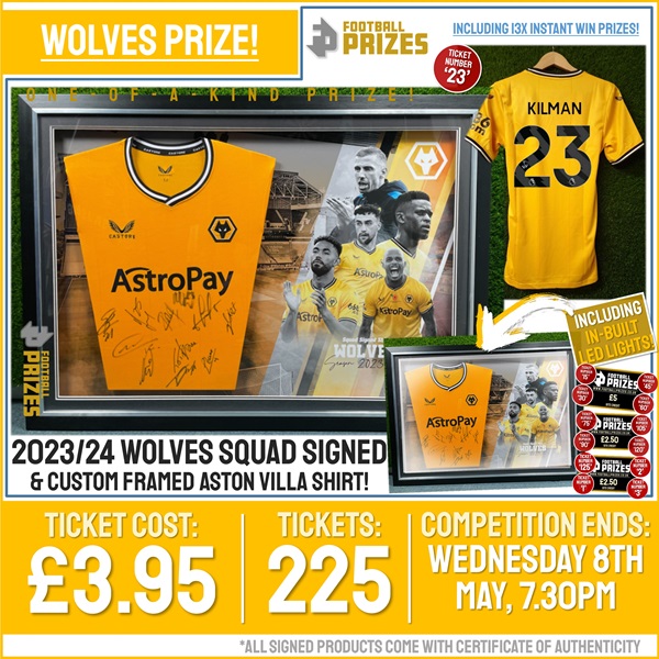 Wolves Competition! 2023/24 Wolves Squad signed & custom LED framed Shirt Display! (Plus THIRTEEN Instant Win Prizes!)