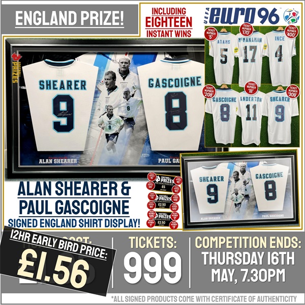 MEGA England Competition! Paul Gascoigne & Alan Shearer Dual signed & custom LED framed England Shirt Display! (Plus 18x Instant Win Prizes!)