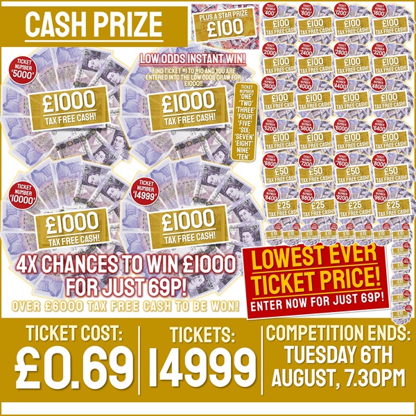 Lowest Ever Priced Cash Competition! WIN A SHARE OF OVER £6000 FOR JUST 69P! (INCLUDING 50X INSTANT WINS AND 4X CHANCES TO WIN £1000!)