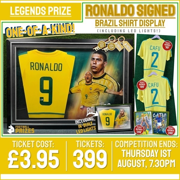 Legends Competition! Ronaldo signed & custom LED framed Brazil Home Shirt! (Plus EIGHTEEN Instant Win Prizes!)