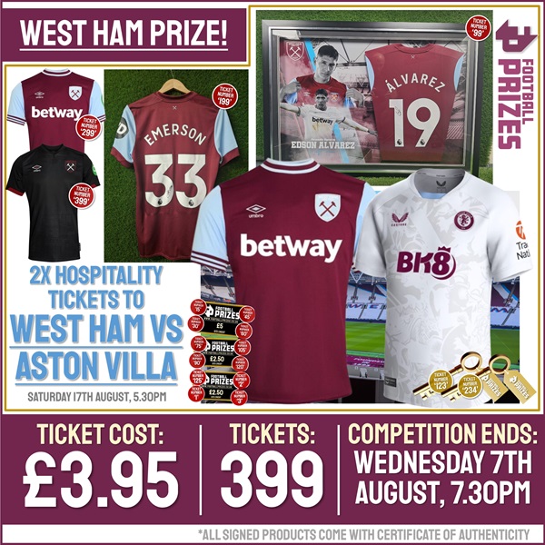 West Ham Competition! 2x Hospitality Ticket to West Ham United Vs Aston Villa Matchday Experience! (Plus EIGHTEEN Instant Win Prizes!)