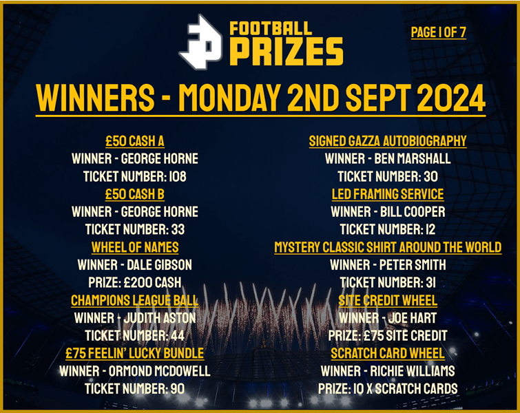 1. MONDAY 2ND SEPT 2024 WINNERS