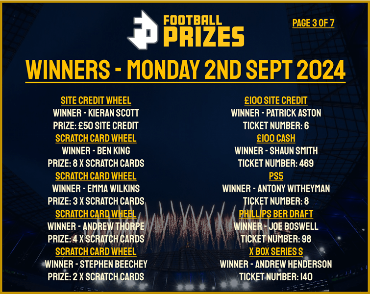 3. MONDAY 2ND SEPT 2024 WINNERS