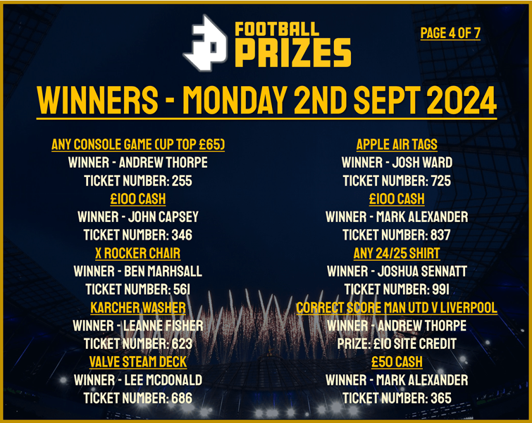 4. MONDAY 2ND SEPT 2024 WINNERS