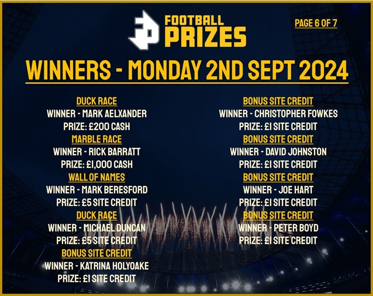 6. MONDAY 2ND SEPT 2024 WINNERS
