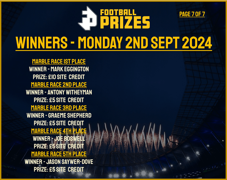 7. MONDAY 2ND SEPT 2024 WINNERS