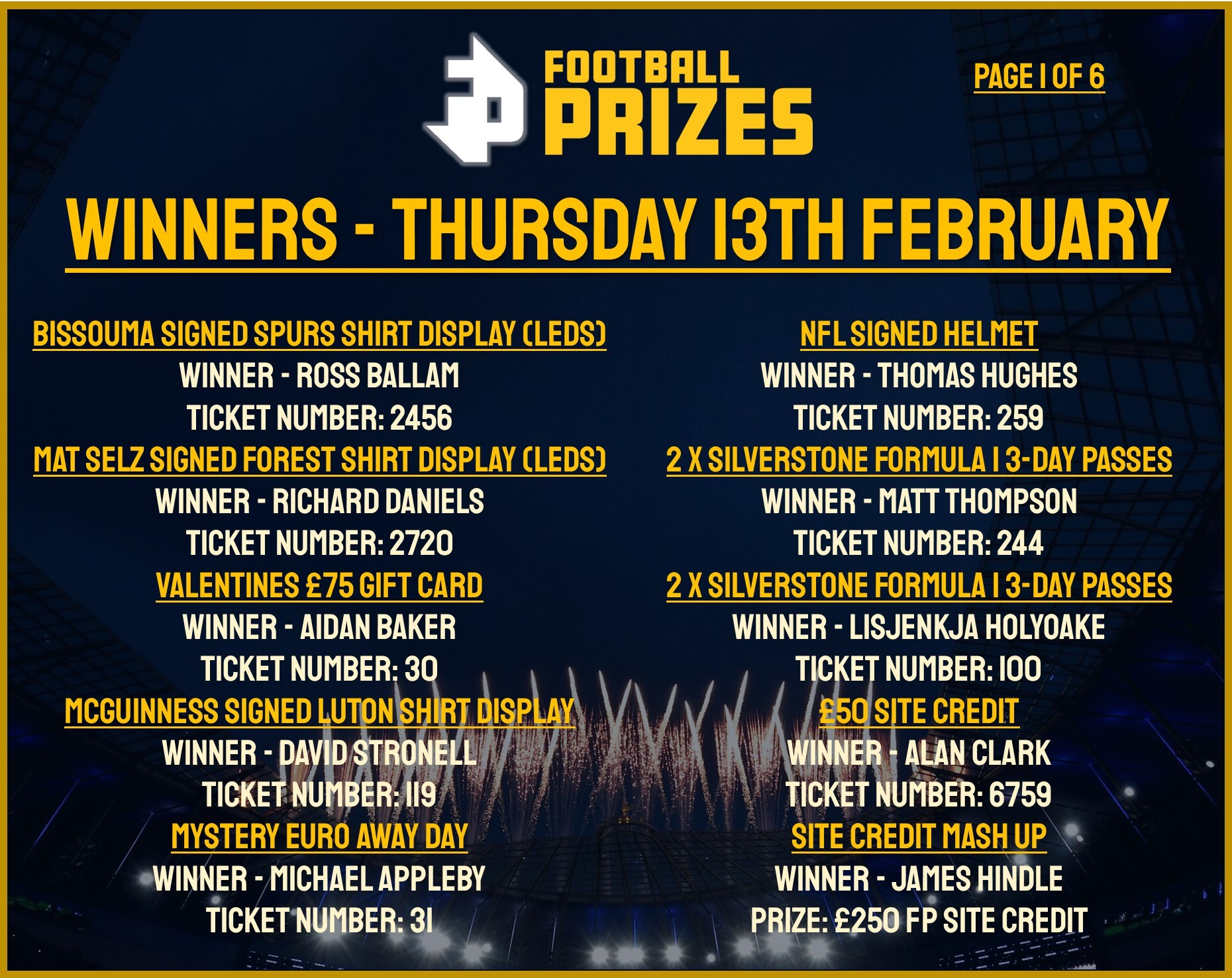 1. Thursday 13th Feb 2025 Winners
