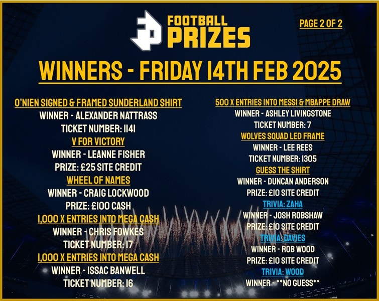 2. FRIDAY 14TH FEB 2025 WINNERS