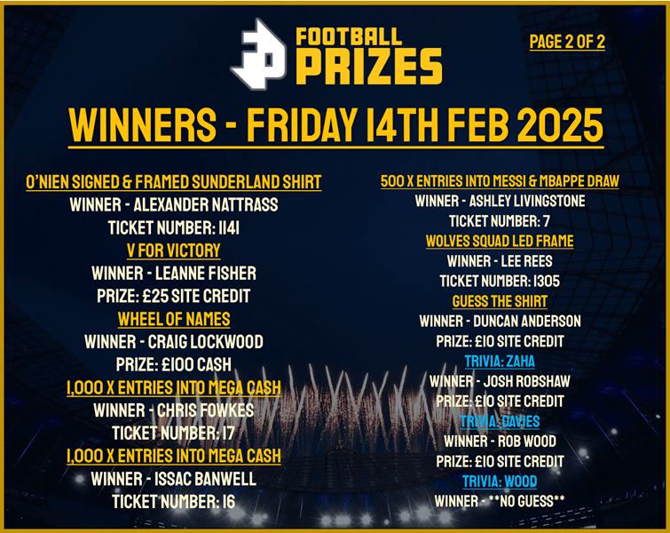 2. FRIDAY 14TH FEB 2025 WINNERS