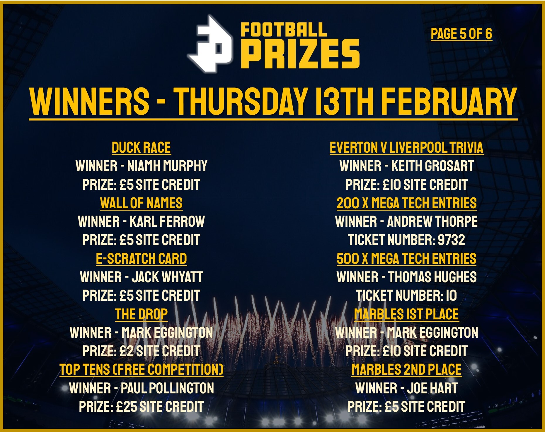 5. Thursday 13th Feb 2025 Winners