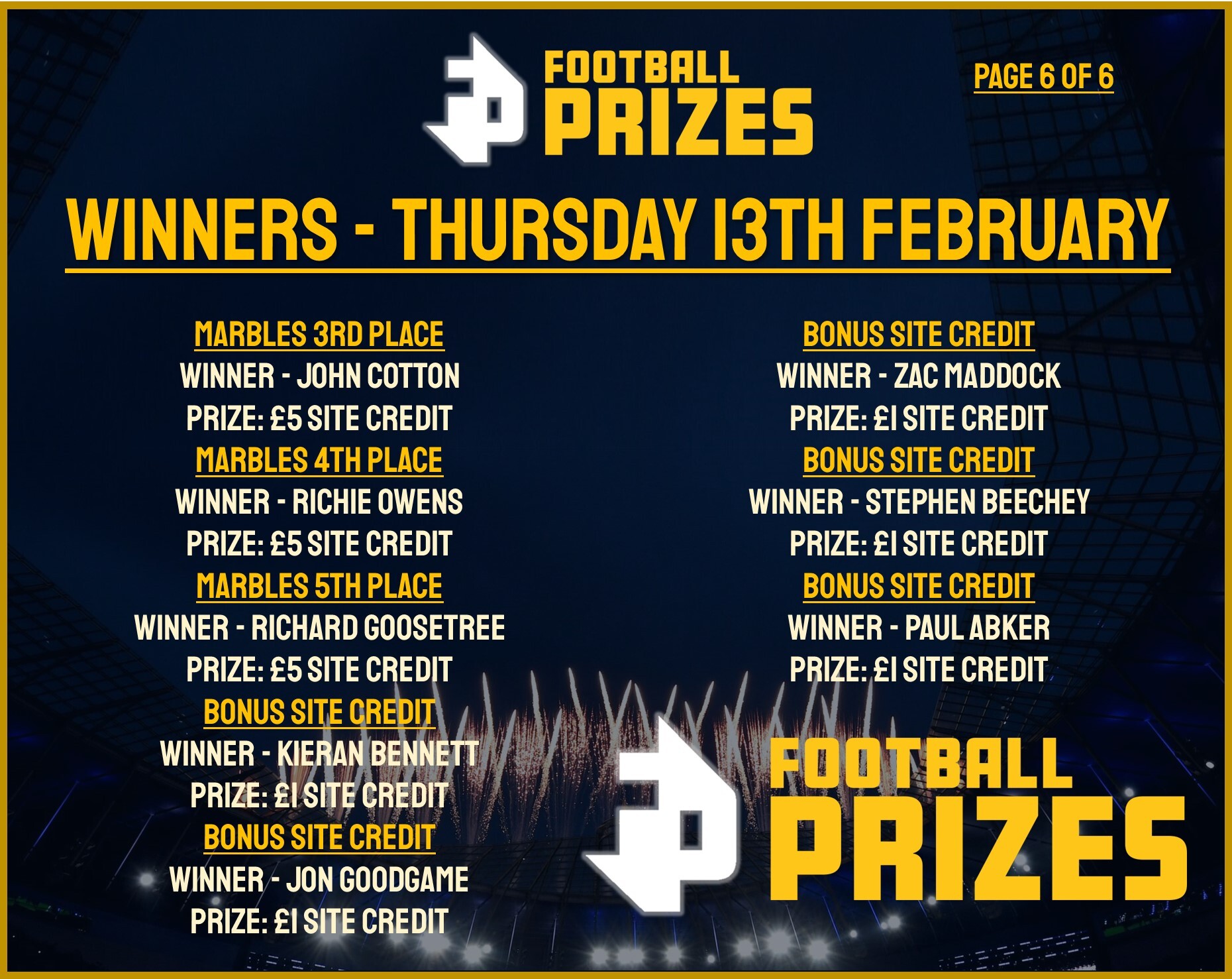 6. Thursday 13th Feb 2025 Winners